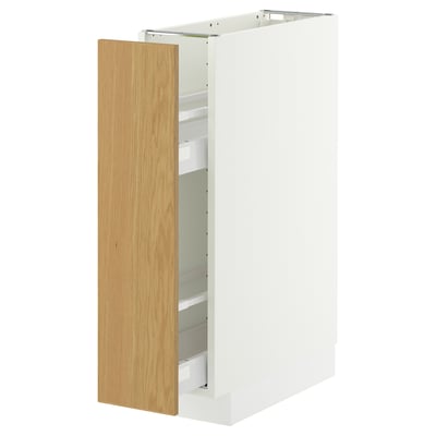 A white METOD cabinet with a light wood drawer partially open.