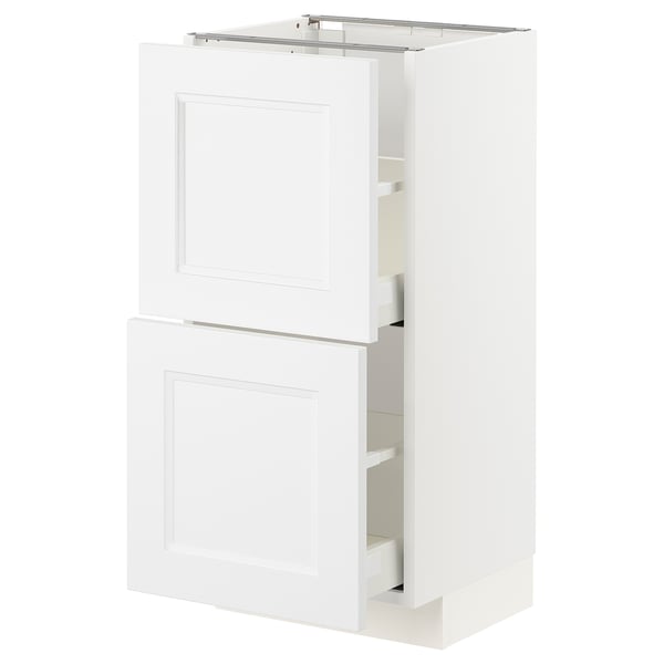 White METOD kitchen cabinet with two drawers, sleek design, polished finish.