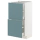 This image shows an ikea METOD kitchen cabinet with two turquoise drawers and white base.