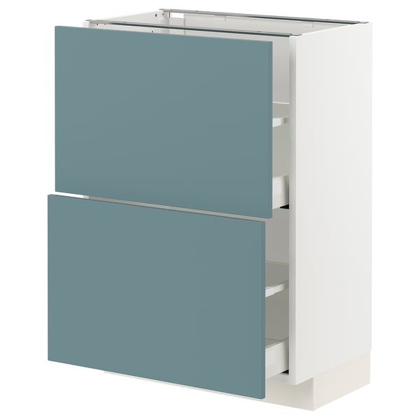White cabinet with turquoise drawers, smooth modern design.