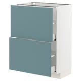 White cabinet with turquoise drawers, smooth modern design.