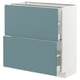 Turquoise blue modern kitchen cabinet with sleek, white finish and smooth drawers.