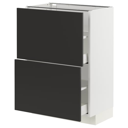 White METOD kitchen unit with black drawers, modern and sleek design.