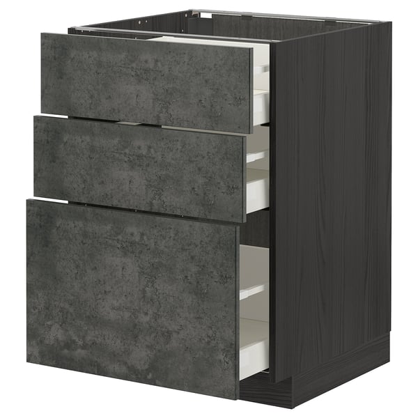 Dark grey concrete effect kitchen drawers with wooden frame.