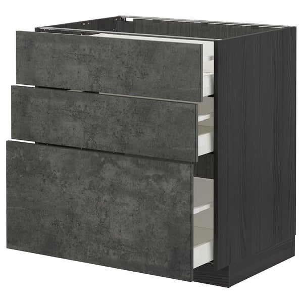 Modern grey concrete drawer unit, 3 drawers, smooth surfaces, dark wood frame.