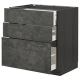 Modern grey concrete drawer unit, 3 drawers, smooth surfaces, dark wood frame.