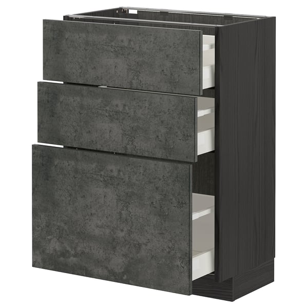 Dark grey METOD kitchen cabinet with three drawers, textured concrete effect, sturdy wood frame.