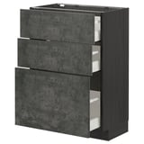 Dark grey METOD kitchen cabinet with three drawers, textured concrete effect, sturdy wood frame.
