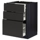 A black METOD kitchen cabinet with three open drawers showcasing modern design and smooth finish.