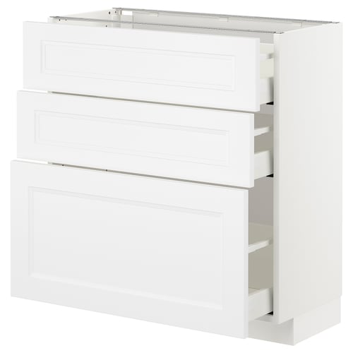 White METOD kitchen unit with three drawers, sleek design, sturdy build.