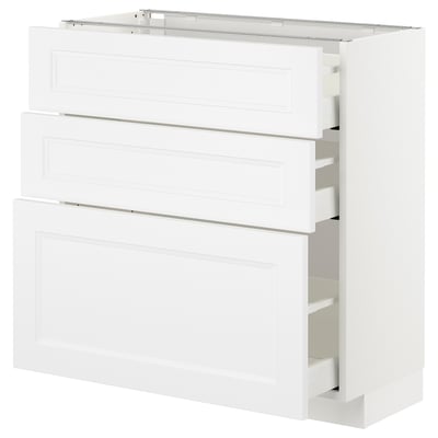 White METOD kitchen unit with three drawers, sleek design, sturdy build.