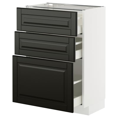 Modern black 3-drawer METOD kitchen cabinet with sleek design and beveled edges.