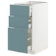 A modern white METOD kitchen cabinet with three turquoise drawers. The cabinet is rectangular with sleek, smooth surfaces and self-closing drawers.