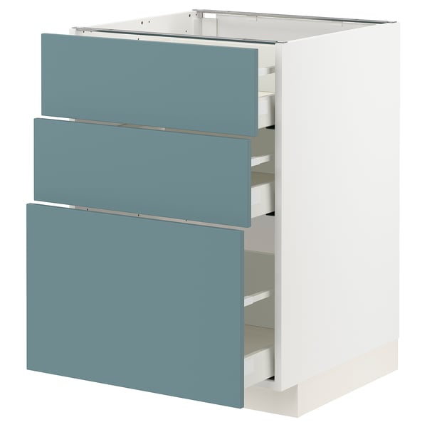 Turquoise METOD kitchen cabinet with 3 drawers, modern design, self-closing drawers, white frame.