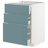 Turquoise METOD kitchen cabinet with 3 drawers, modern design, self-closing drawers, white frame.