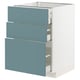 Turquoise METOD kitchen cabinet with 3 drawers, modern design, self-closing drawers, white frame.