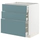 A modern METOD kitchen unit with three turquoise drawers and a white base.