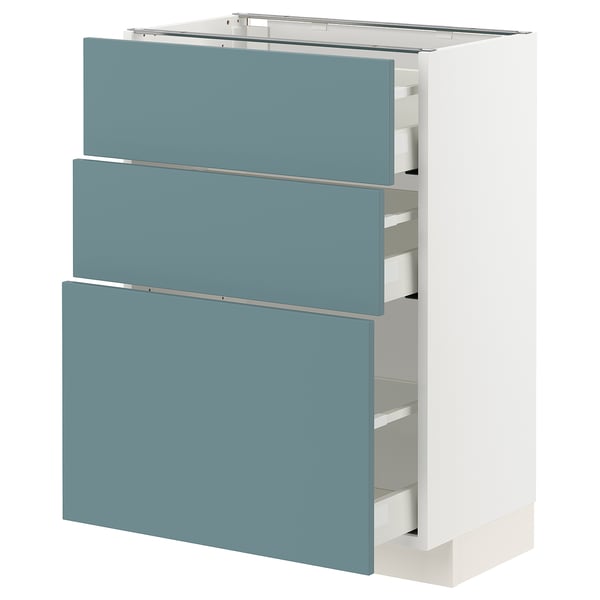 The ikea METOD kitchen cabinet with three turquoise drawers and a white frame. It a modern design with smooth, self-closing drawers.