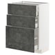 A white METOD base cabinet with 3 dark grey concrete effect drawers, featuring a sleek urban design.