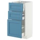 White METOD cabinet with 3 blue drawers, modern design, recessed panels.