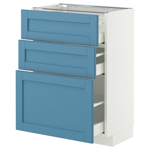 Modern kitchen unit with three blue drawers, white base, sturdy frame, smooth-running drawers.