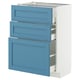 Modern kitchen unit with three blue drawers, white base, sturdy frame, smooth-running drawers.