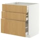 A white METOD kitchen cabinet with three oak drawers. The drawers are partially open, revealing storage compartments.