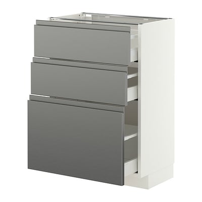 METOD / MAXIMERA Base cabinet with 3 drawers, white/Voxtorp stainless steel effect, 60x37 cm