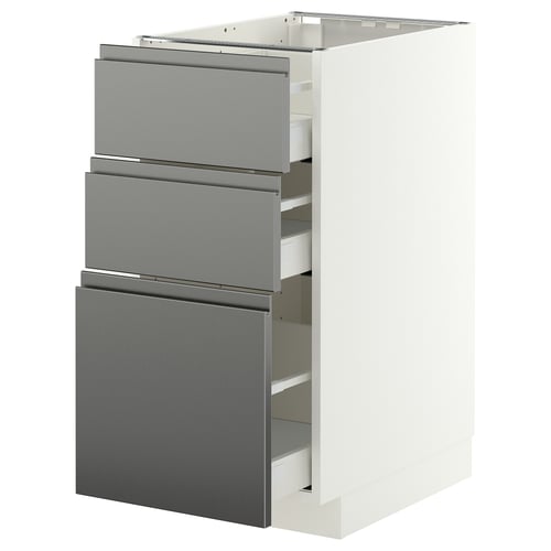METOD / MAXIMERA Base cabinet with 3 drawers, white/Voxtorp stainless steel effect, 40x60 cm