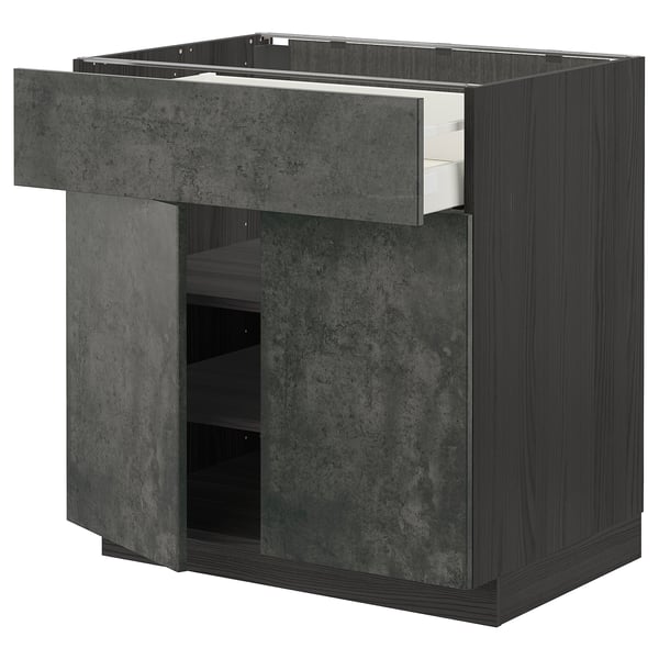 Modern grey kitchen cabinet with drawers, sleek design, dark finish.