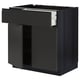 Modern black kitchen cabinet with drawer, sleek edges, sturdy wood frame.