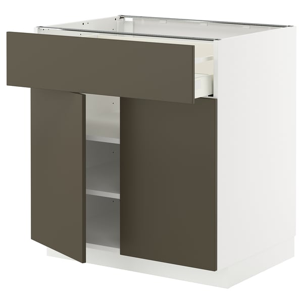 Modern kitchen unit, METOD series, white with brown havstorp doors. Drawers and shelves in a square design.
