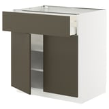 Modern kitchen unit, METOD series, white with brown havstorp doors. Drawers and shelves in a square design.