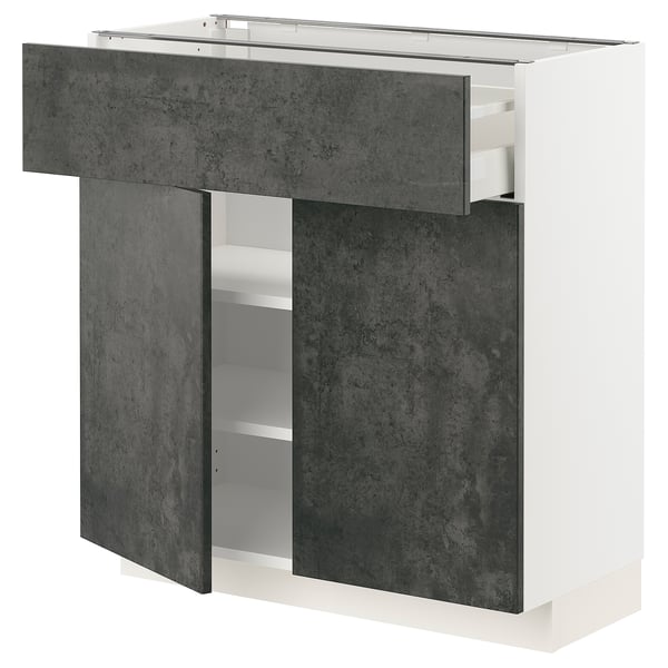 Modern kitchen cabinet: white & grey, open drawer, metal handles.