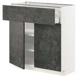 Modern kitchen cabinet: white & grey, open drawer, metal handles.
