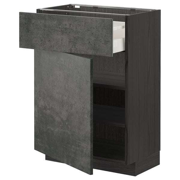 Modern grey kitchen unit with open drawer and shelves.