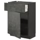 Modern grey kitchen unit with open drawer and shelves.