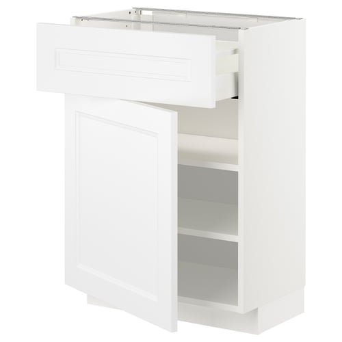 A white METOD kitchen cabinet with an open drawer and door, displaying shelves inside.