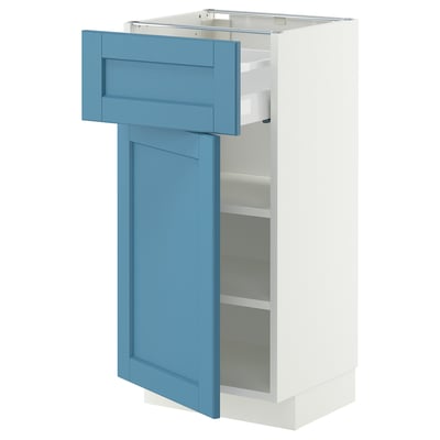 Open blue drawer cabinet with shelves on white background.