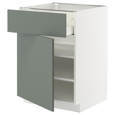 Modern kitchen cabinet with white body, grey-green drawer, sleek design, adjustable shelves.