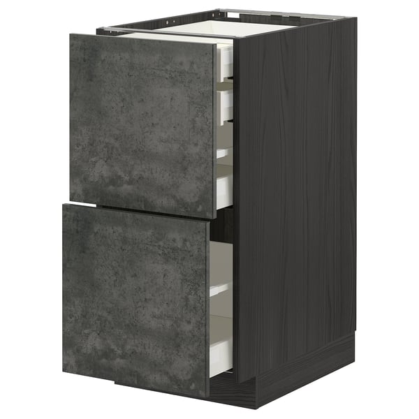 METOD kitchen unit: dark gray concrete drawers, wood frame. Three open drawers. Modern design.