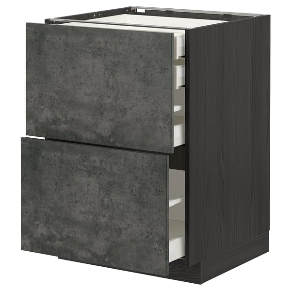 Ikea METOD kitchen unit, dark grey, modern concrete effect, three drawers, sleek design.