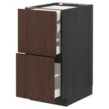 Dark brown METOD kitchen unit with oak veneer drawers, rectangular and modern design.