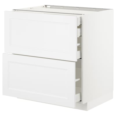 METOD white kitchen cabinet set with multiple drawers.