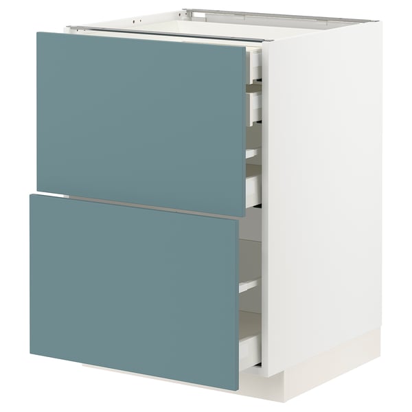 A METOD kitchen cabinet with turquoise havstorp fronts, featuring smooth, modern design with drawers in a white frame.