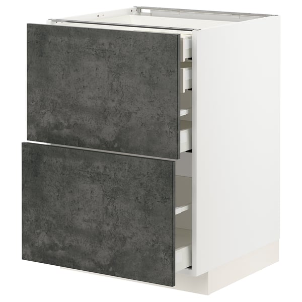 Modern white METOD kitchen cabinet with dark gray concrete drawers.