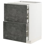 Modern white METOD kitchen cabinet with dark gray concrete drawers.