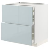 A modern kitchen cabinet named METOD with high-gloss grey-blue kallarp fronts featuring multiple drawers in a sleek design.