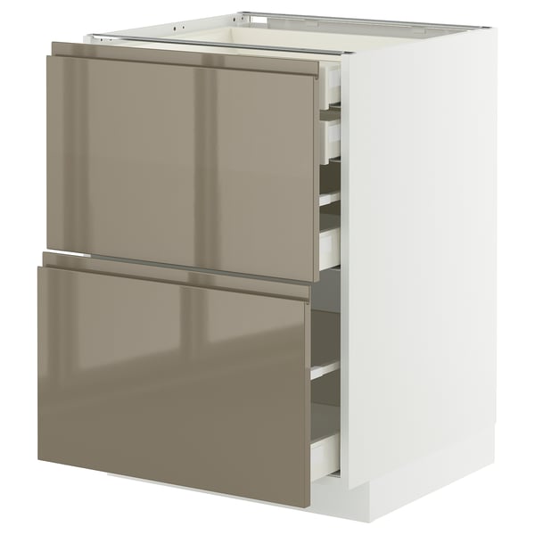 A modern kitchen cabinet with metallic bronze drawers and a white base. The design sleek, integrated handles.