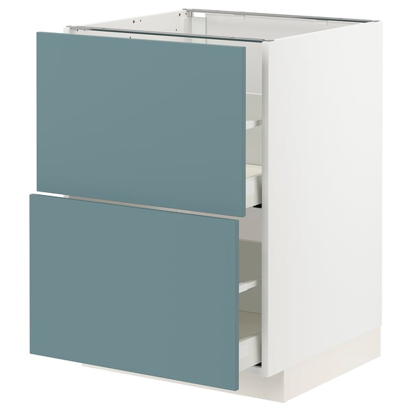 Modern kitchen cabinet with two blue drawers.